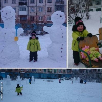 Карина, 2 года и 1 месяц, участник №12: "Мы живем на Крайнем Севере. Фото сделано еще в октябре. Вот такой снеговиковый двор у нас!!"
